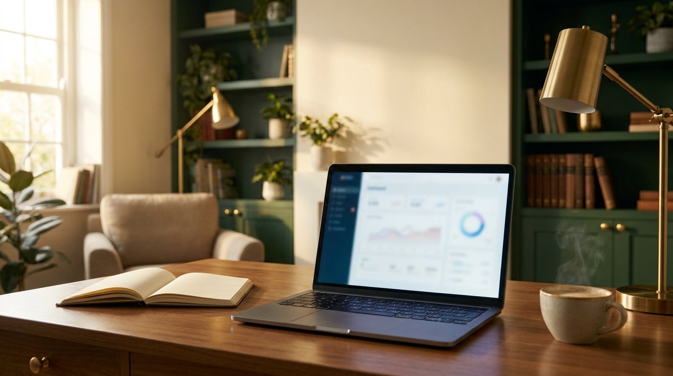 Laptop mit Auswertung im warmen Abendlicht – der Rufado KI-Check für Ihren Betrieb