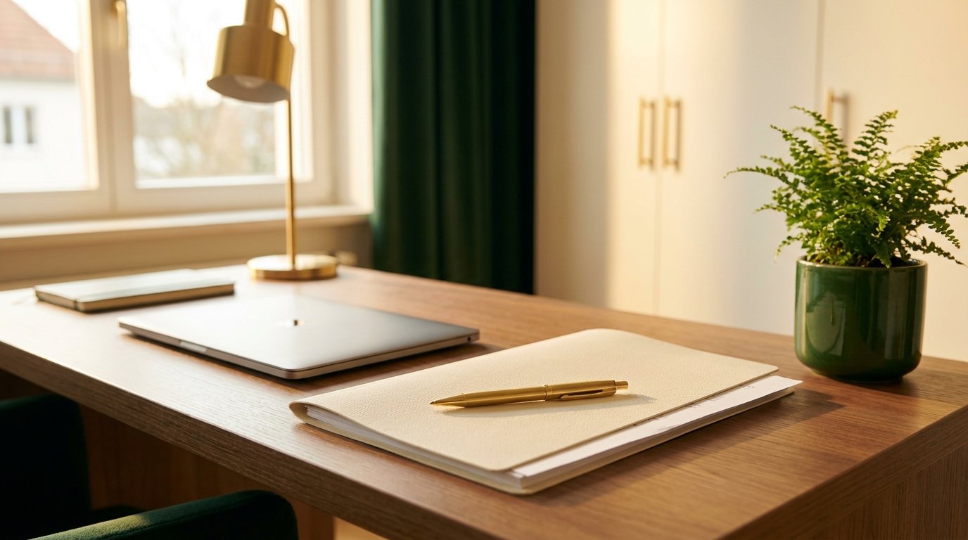 Aufgeräumter Schreibtisch mit Vertragsunterlagen und Stift – transparente Festpreise bei Rufado
